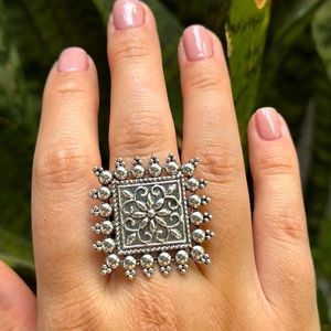 Boho Vintage Traditional Large Square Silver 925 plated Ring